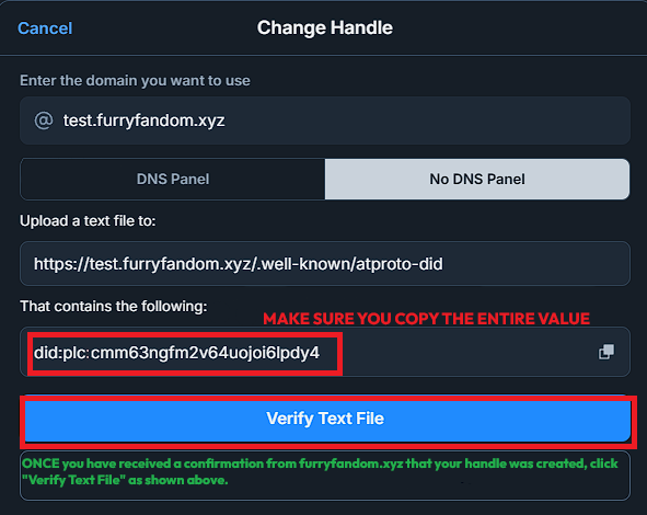 Screenshot showing confirmation and domain selection